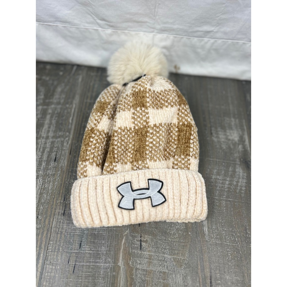 Under Armour Beanie Tan Cream Checkered Fleece Lined Faux Fur Pom Pom Hat